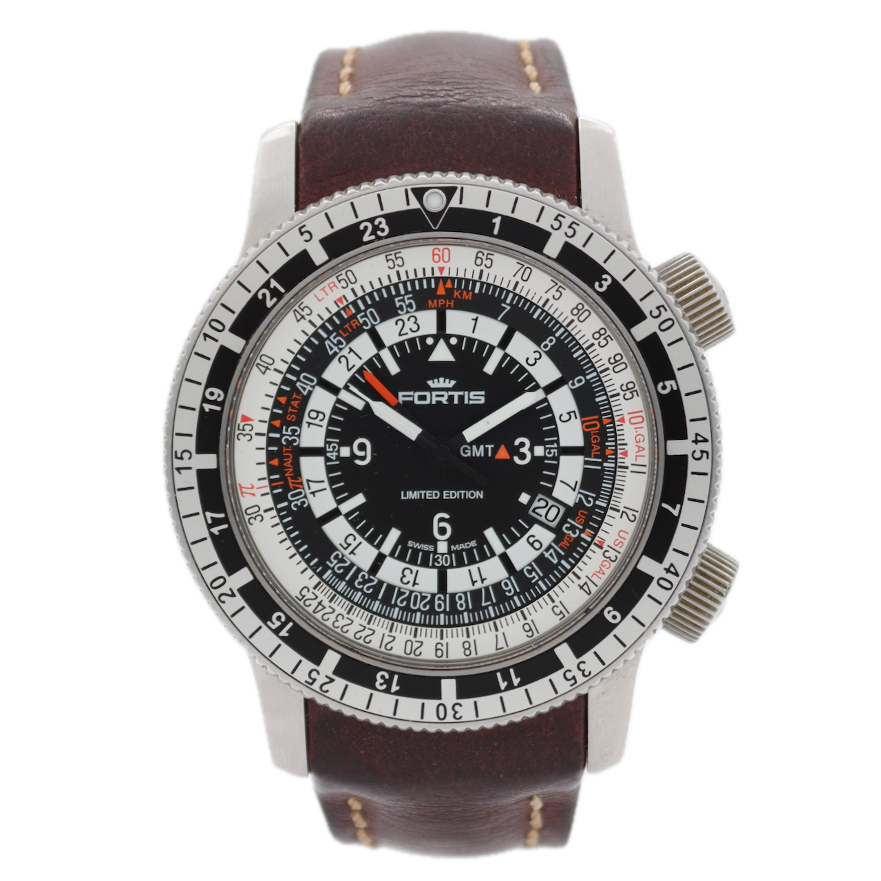 Fortis 669.10.148 B-47 Calculator GMT Men's Automatic Wristwatch 3 Time Zones