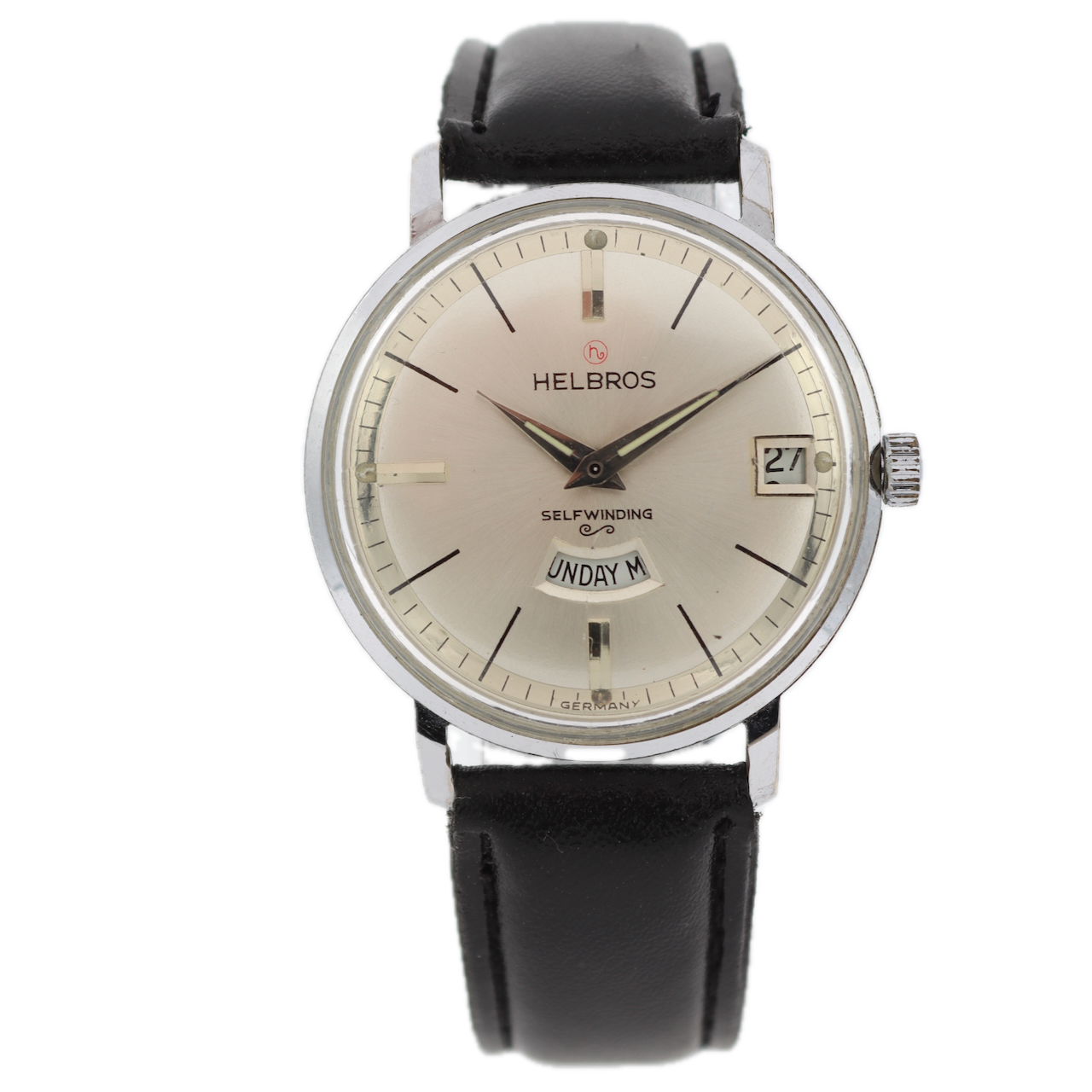 Vintage 34mm Helbros Day Date Men's Automatic Wristwatch Germany Base Metal
