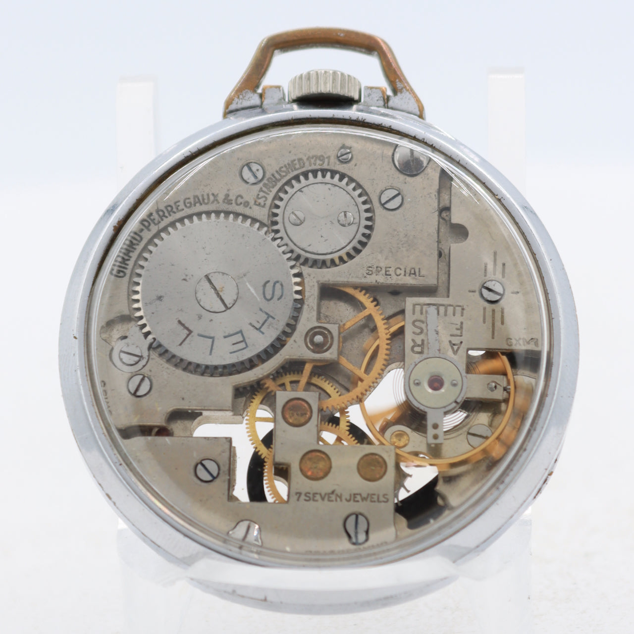 Vintage 16s Girard Perregaux Skeleton Shell Oil MechanicalPocket Watch Steel