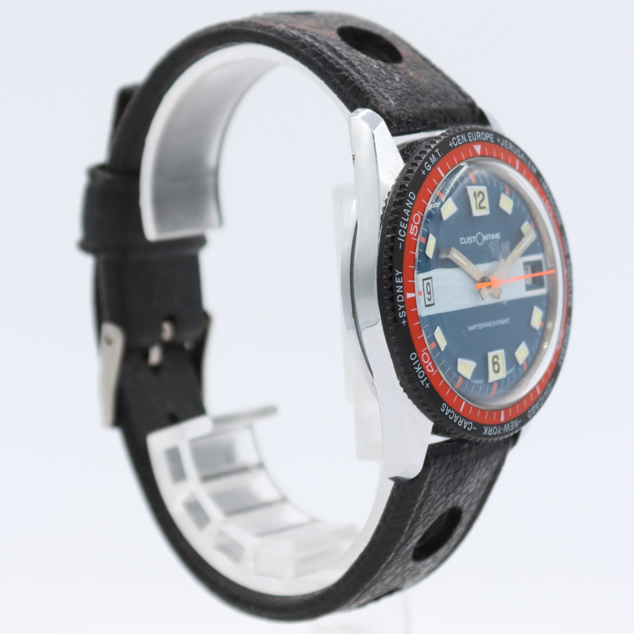 Vintage CustOmtime World Time Men's Wristwatch Swiss Chrome Plated Diver Style