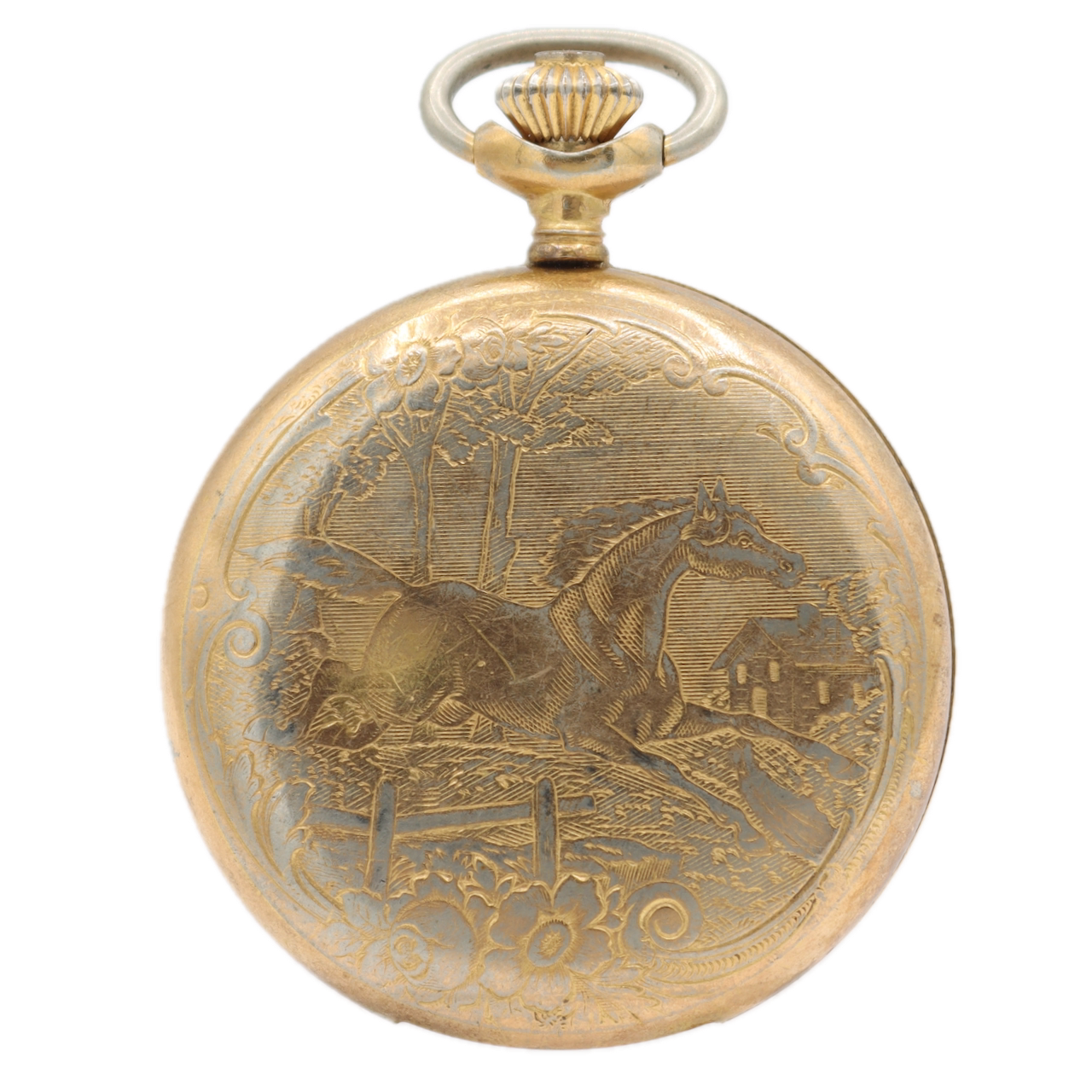 Vintage Arnex Equestrian Mechanical Hunter Pocket Watch Unitas 6498 Gold Tone