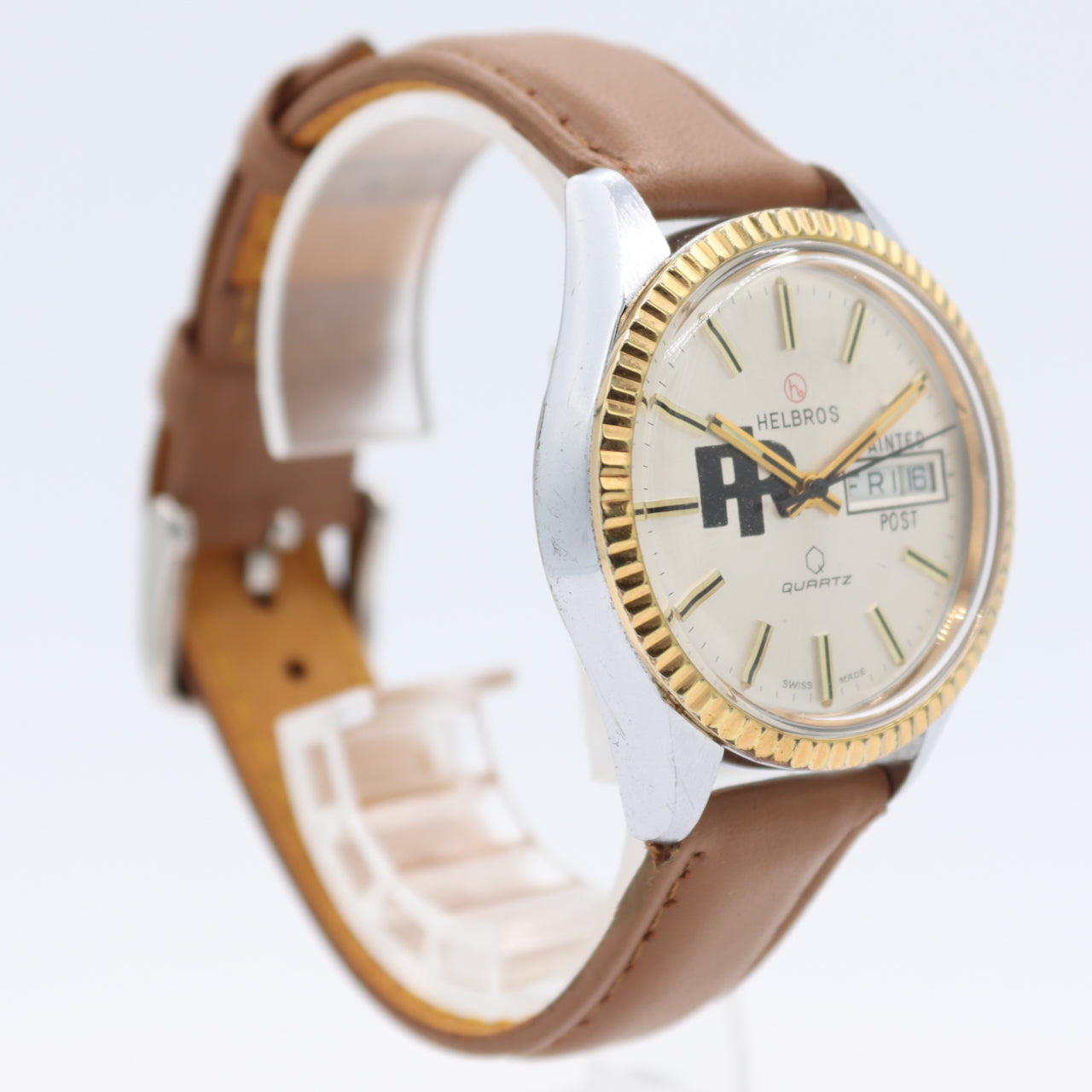 Vintage Helbros Day Date Painted Post Logo Men's Quartz Wristwatch Two ToneRuns