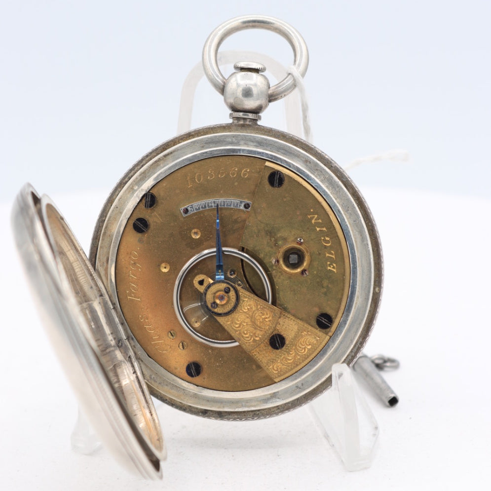 Antique 18s 1871 Elgin Hunter Pocket Watch Chas Fargo w/Key Coin Silver