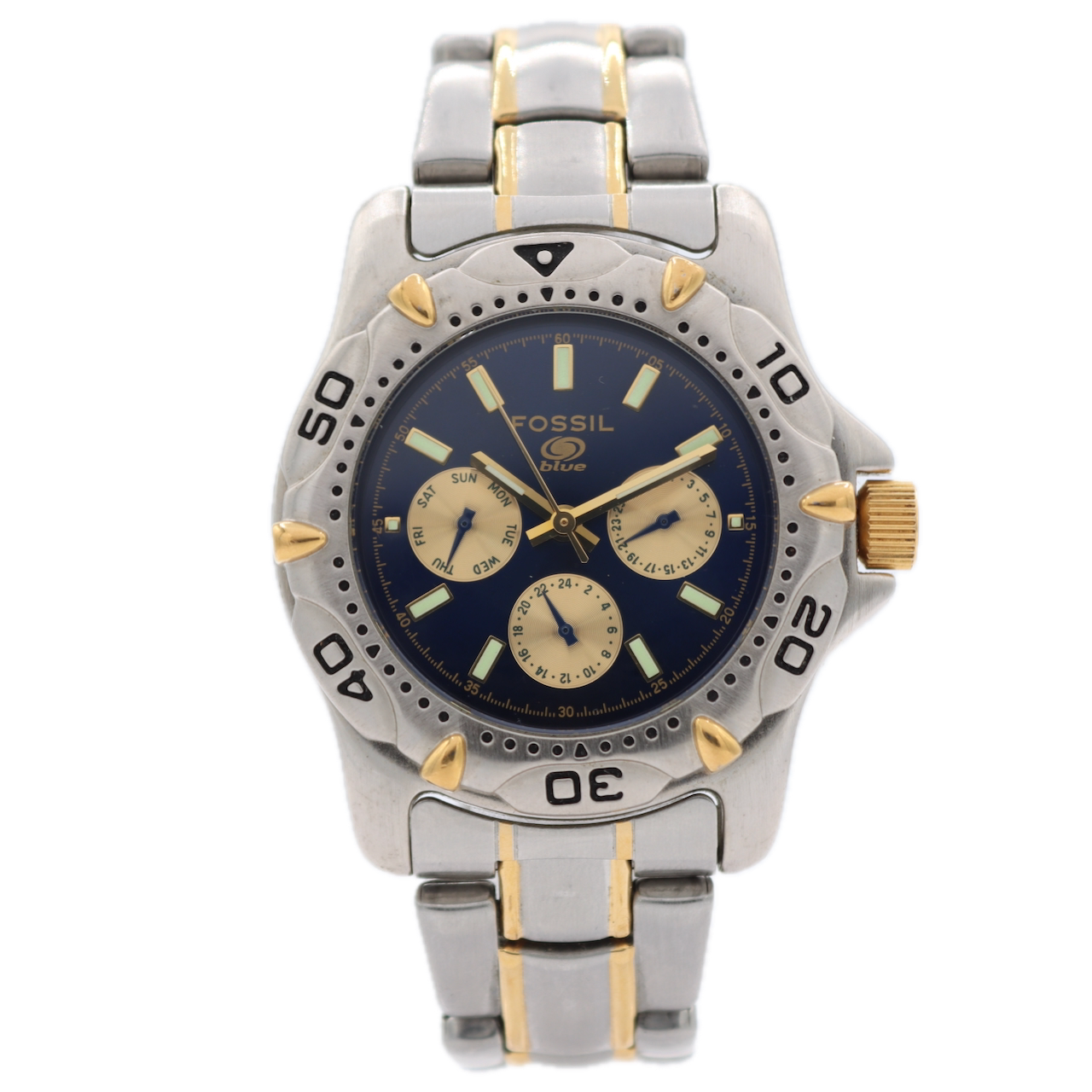 38mm Fossil BQ-9005 Blue Day Date Men's Quartz Wristwatch Japan Two Tone 10 ATM