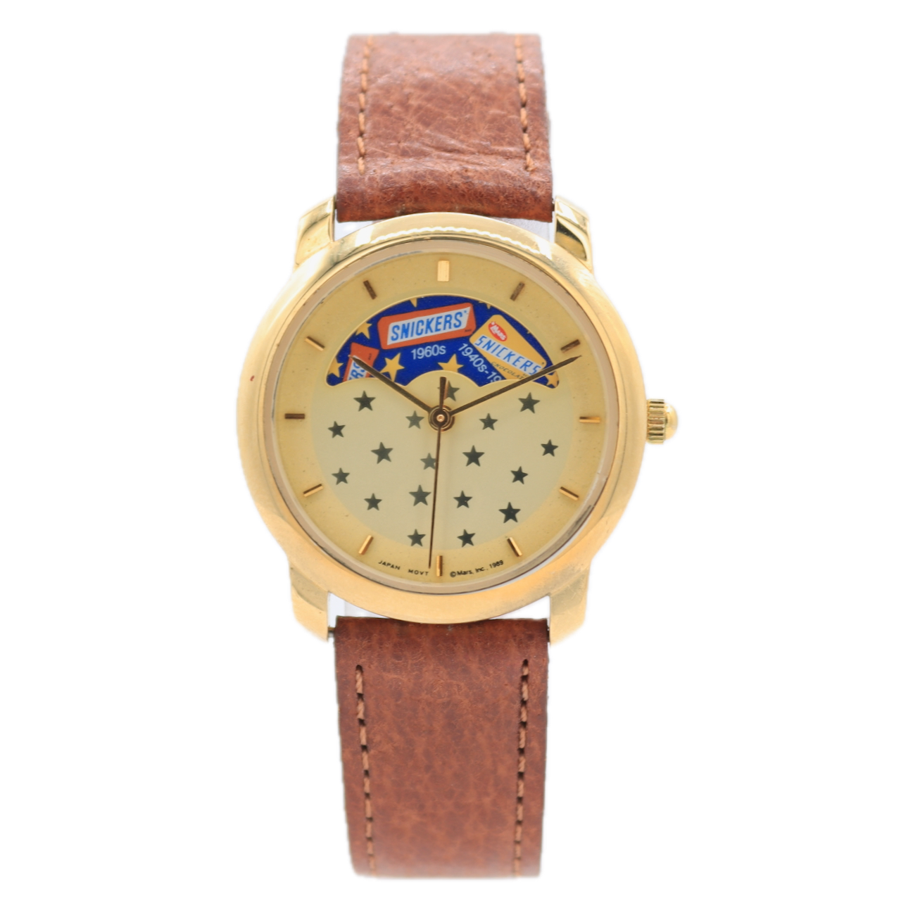 Vintage 30mm Mars Inc. Snickers Moonphase Unisex Quartz Wristwatch Gold Tone