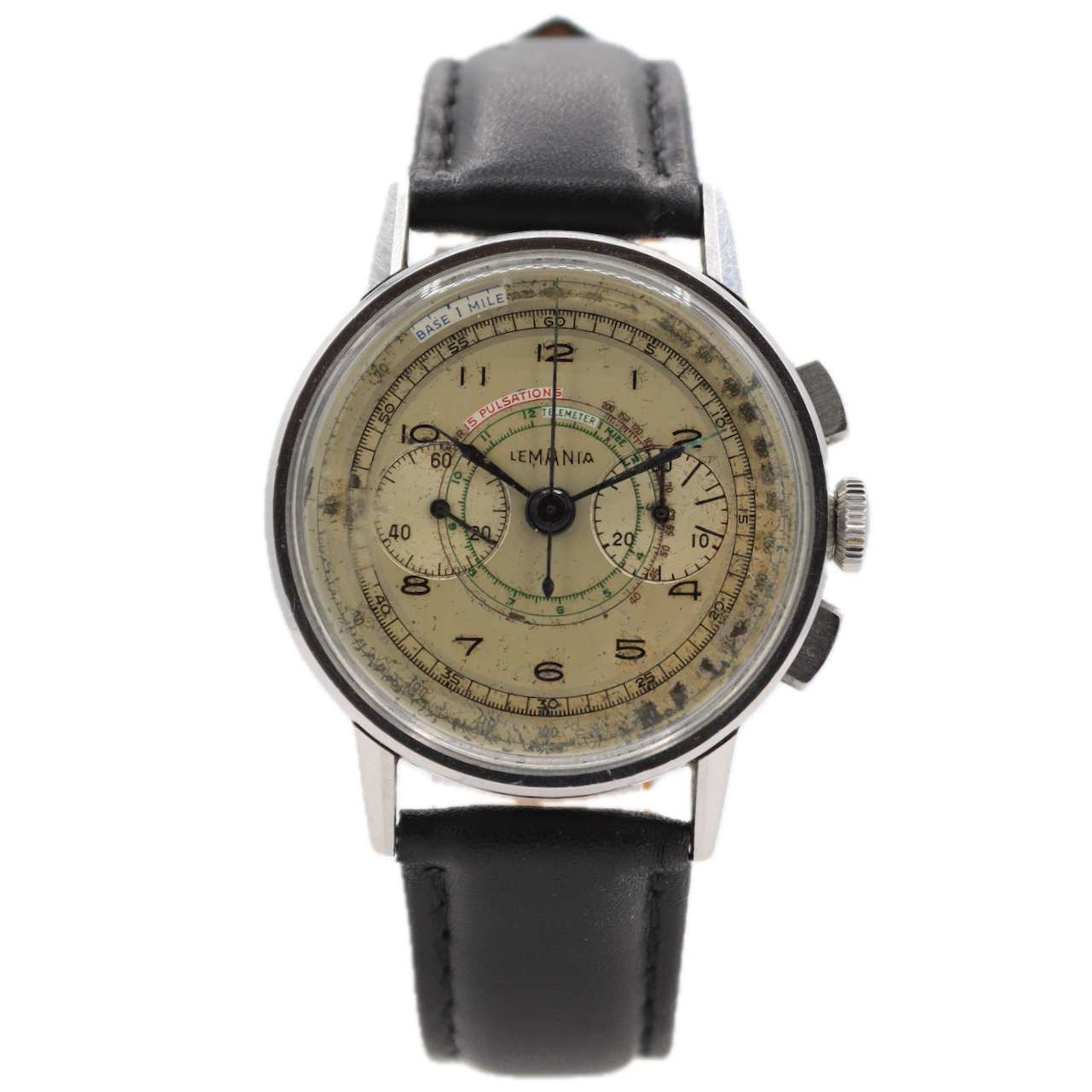 Vintage 35mm Lemania 3854 Military Men's Chronograph Wristwatch CH27 Steel