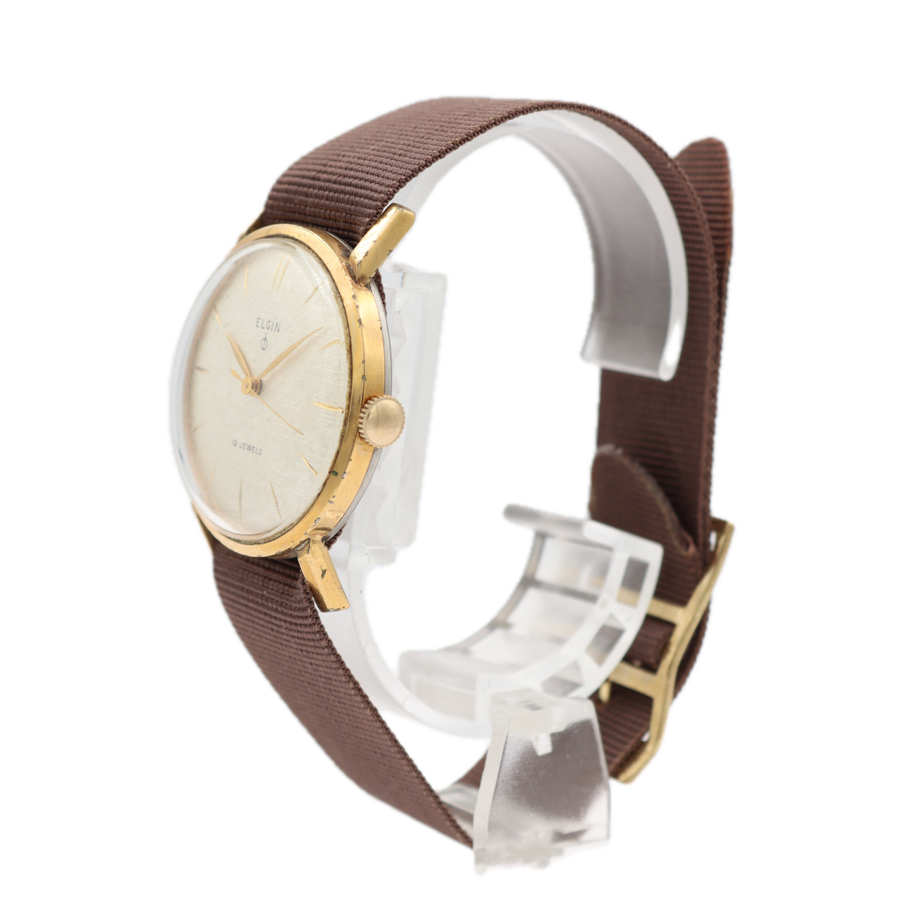 Vintage Elgin 4262 Linen Dial Men's Mechanical Wristwatch 752 USA Gold Tone