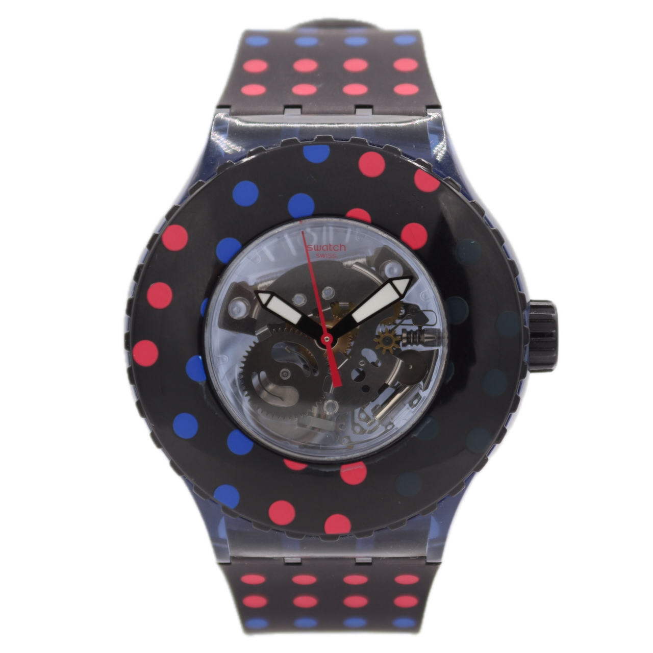 44mm Swatch Transparent Dial Unisex Quartz Wristwatch Swiss Made Polka Dots