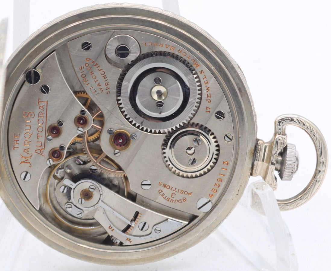 Vintage 12s 1926 Illinois Marquis Autocrat Pocket Watch 525 14k White GF USA