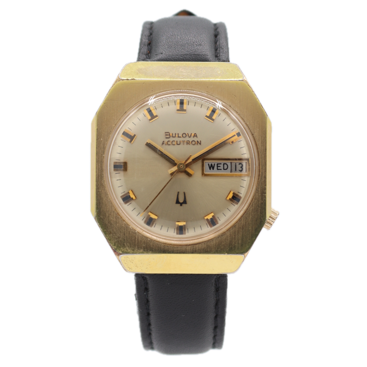Vintage Bulova Sunburst Day Date Men's Tuning Fork Wristwatch 218 2 10k RGP