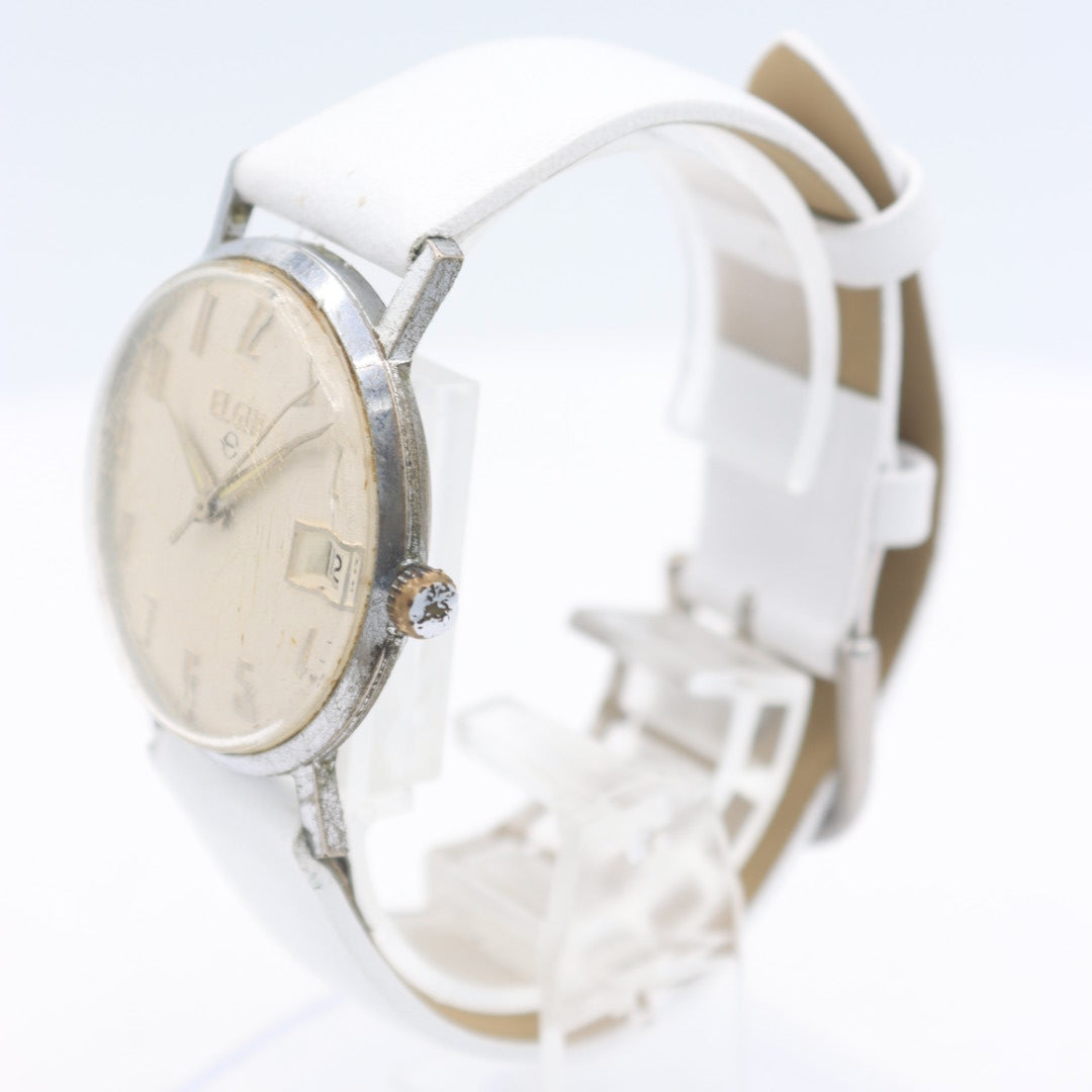 Vintage Elgin Linen Dial Date Men's Mechanical Wristwatch Swiss Steel & Chrome