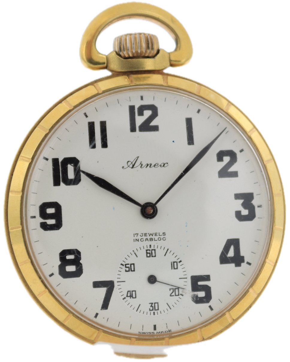 Antique 16s Arnex Railroad Style Mechanical Pocket Watch UT 6431 PlatedSwiss
