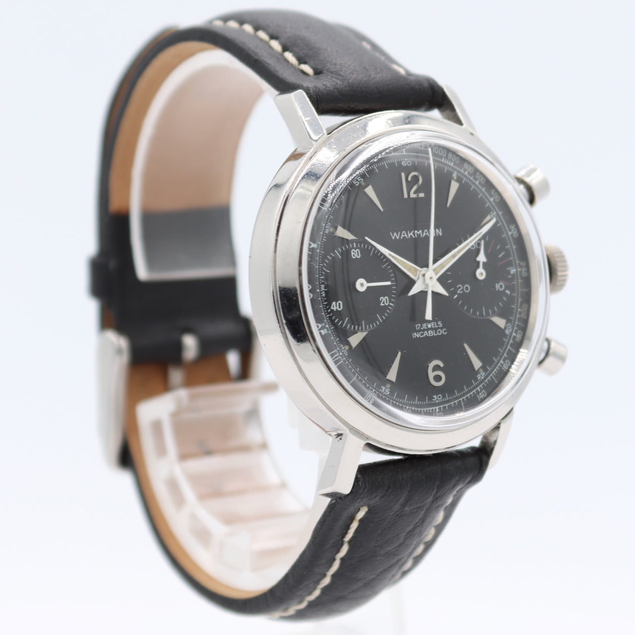 Vintage Wakmann Black Dial Men's Chronograph Wristwatch Venus 188 France Steel