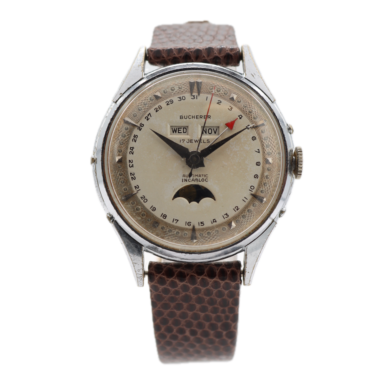 Vintage Bucherer 4423 Triple Date Men's Automatic Wristwatch Swiss Chrome Rare