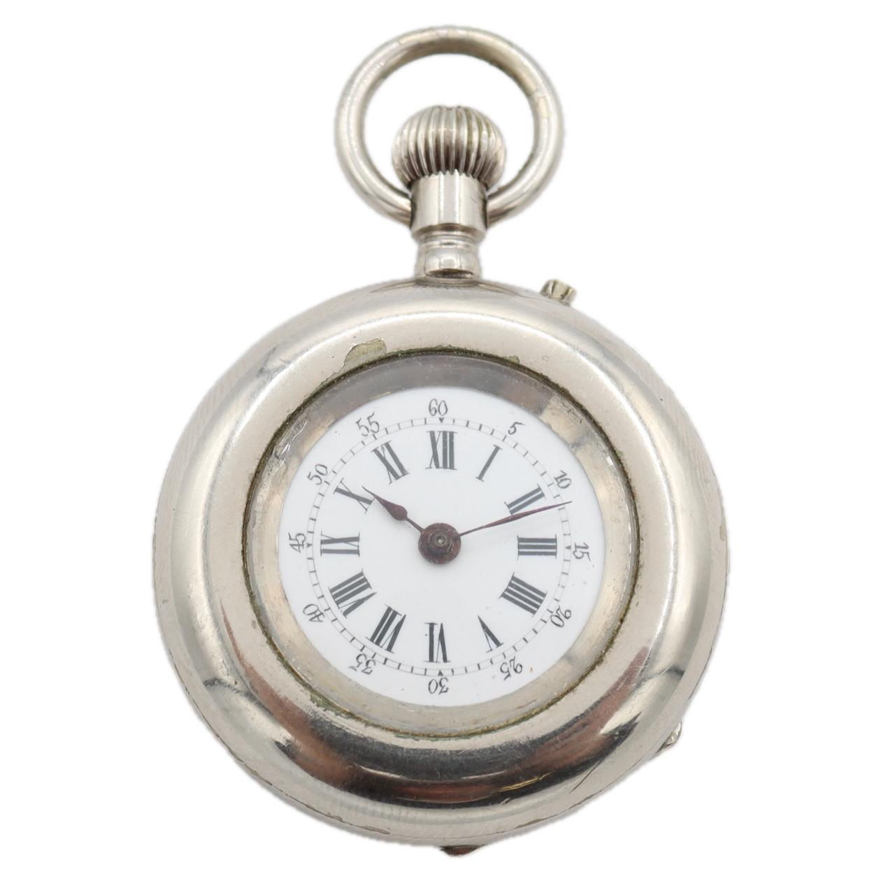 Antique 33mm Unbranded Button Set Mechanical Pocket Watch Chrome Plated Swiss