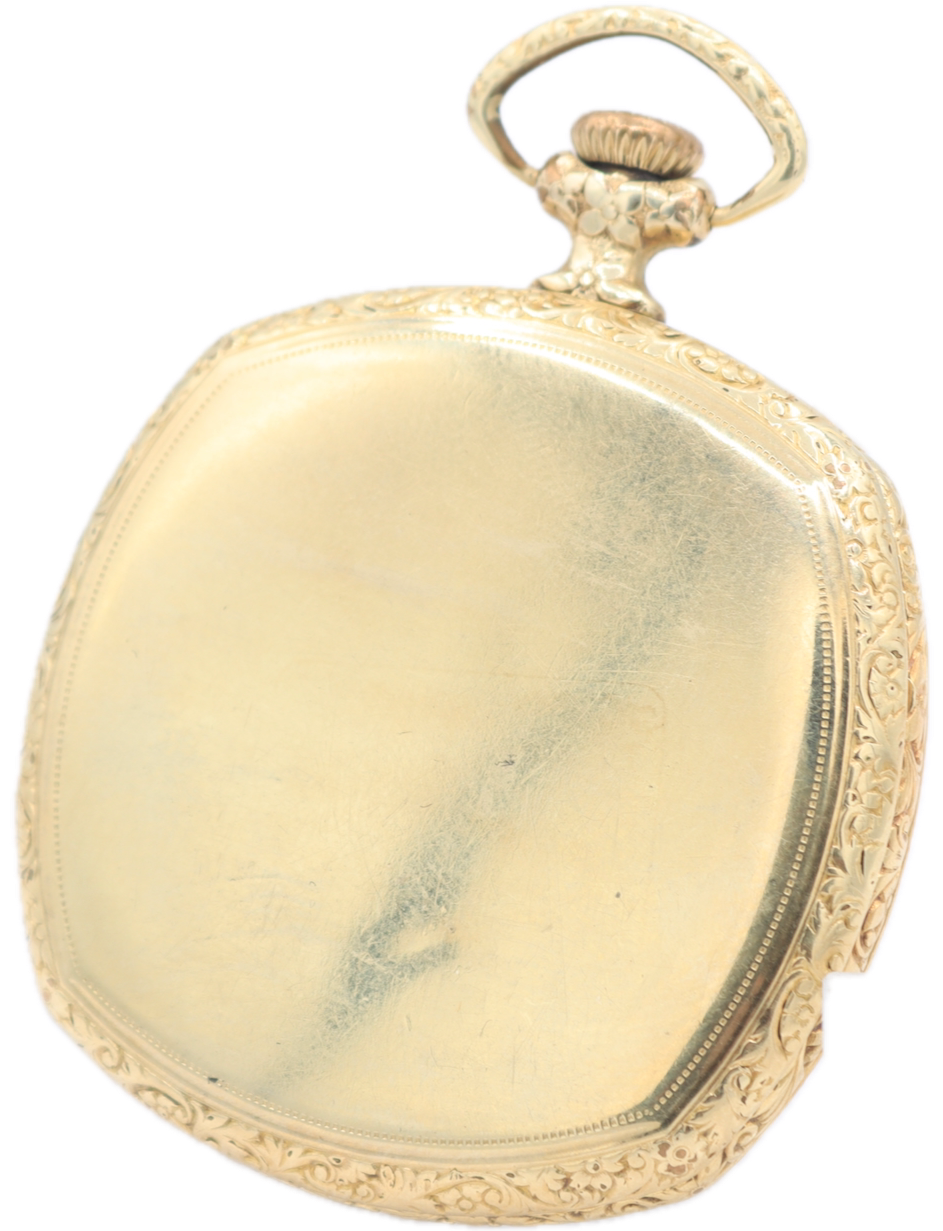 Antique 12s 1920 Illinois Engraved Cushion 19 Jewel Pocket Watch 406 14k GF